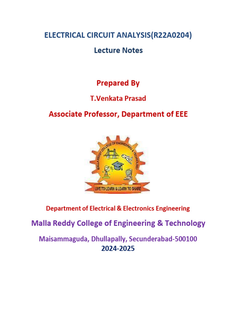 Electricalcircuitsanalysis Digital Notes Pdf Electrical Network