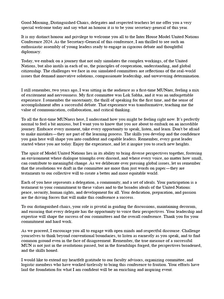 Opening Speech for MUN Conference 2024 | PDF
