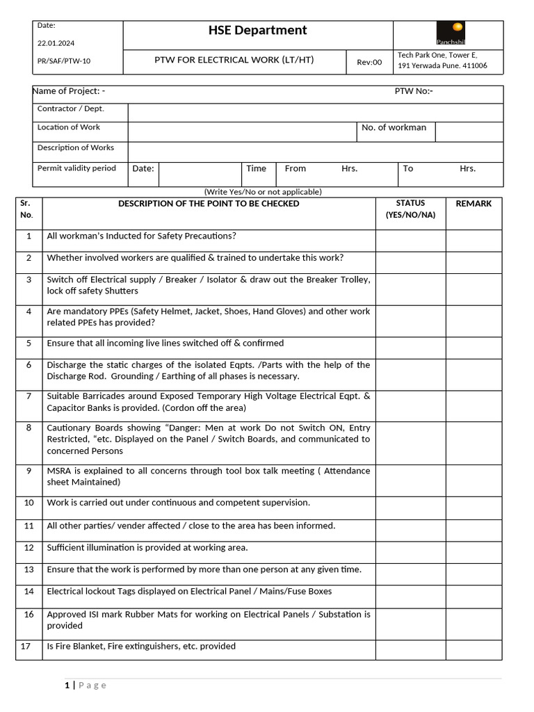 Electrical Work Permit Checklist | PDF | Electrical Equipment ...