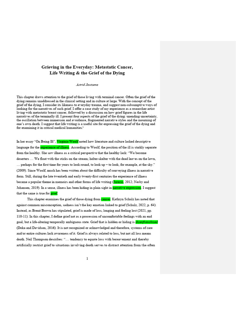 Cancer Narrative Grieving In The Everydayaam Pdf Grief