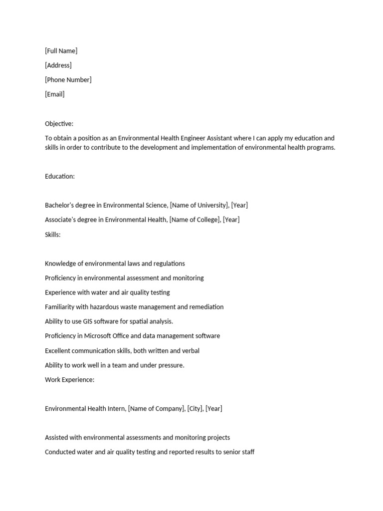 Environmental Health Engineer Assistant CV | PDF