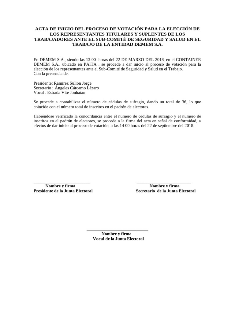 7. MODELO DE ACTA DE INICIO DEL PROCESO DE VOTACIÓN PARA LA ELECCIÓN DE ...