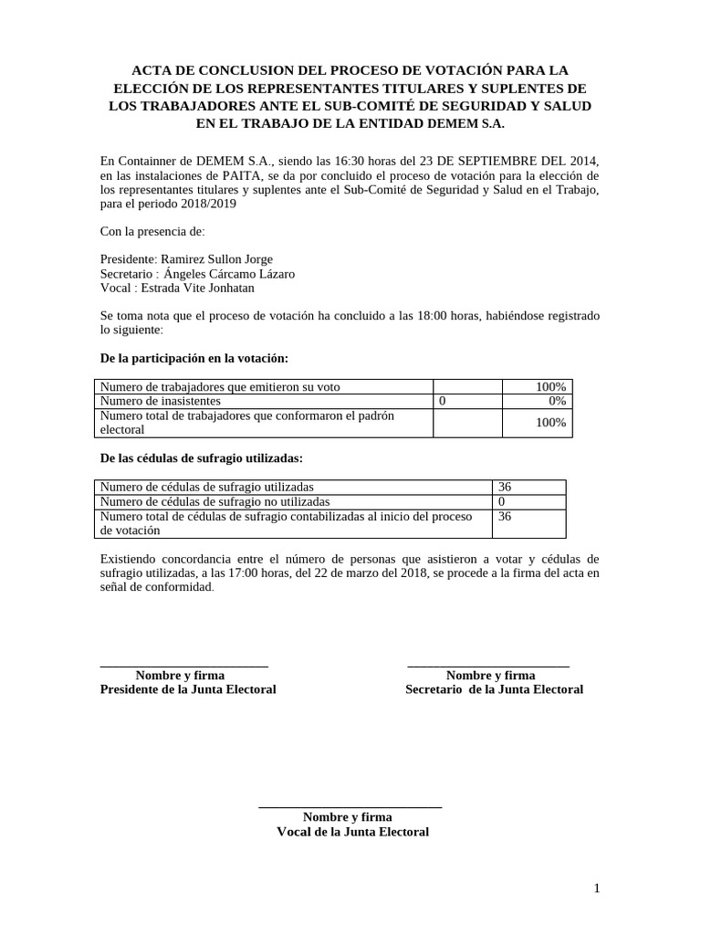 Modelo de Acta de Conclusion Del Proceso de Votación para La Elección ...