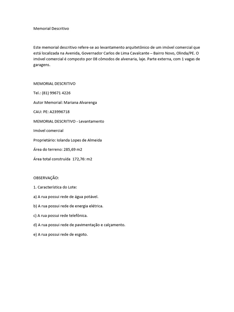 Memorial Descritivo Imóvel Comercial Olinda | PDF | Materiais de ...