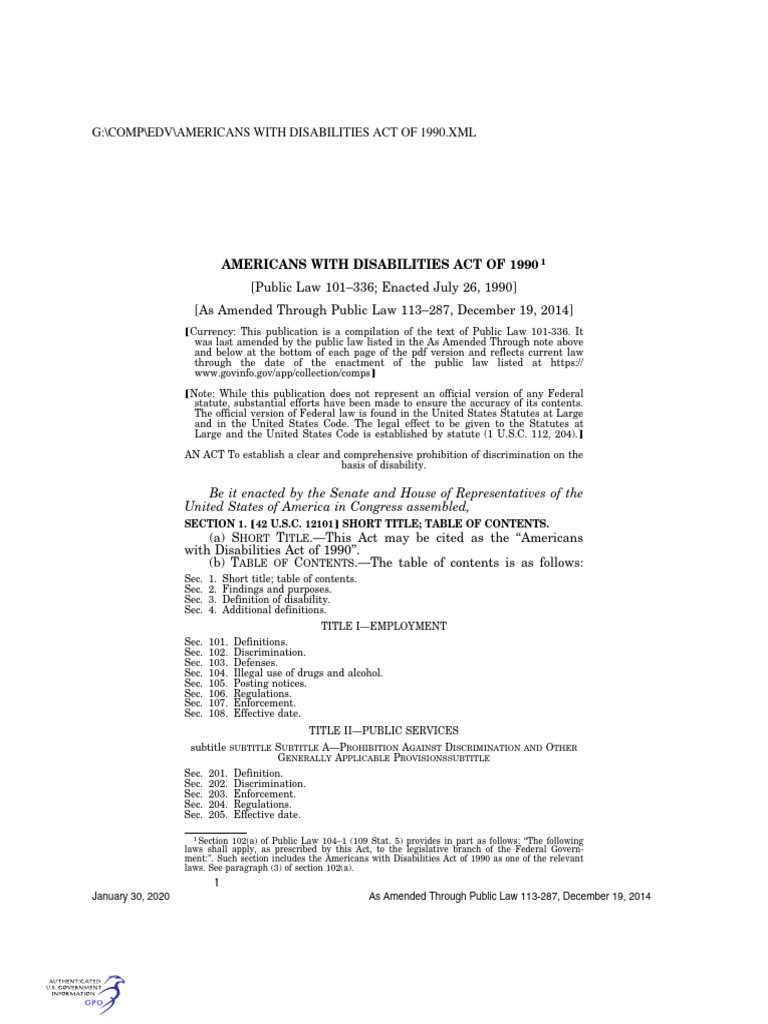 Americans with Disabilities Act Overview | PDF | United States Code ...