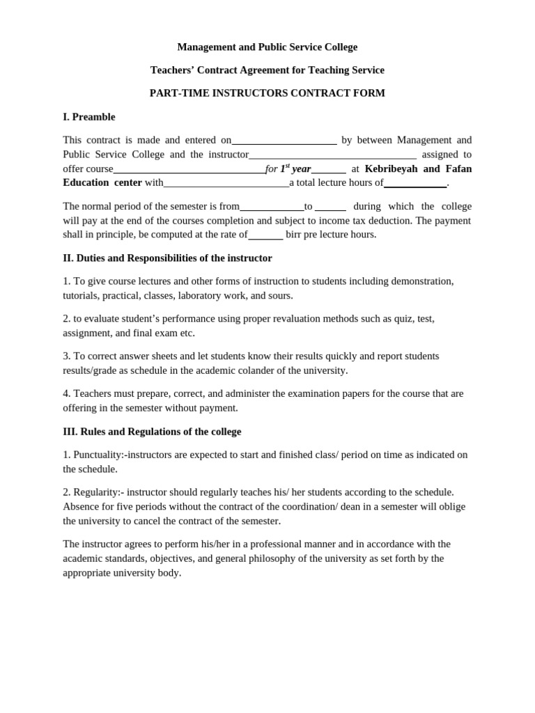 Part-Time Instructor Contract Agreement | PDF