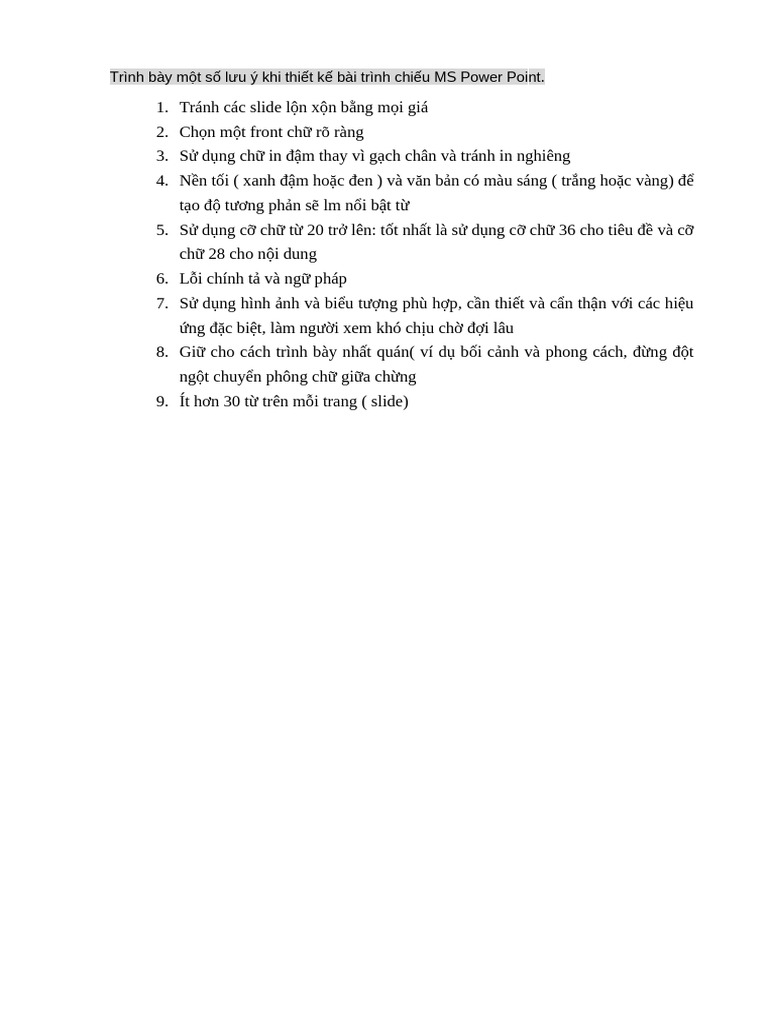 Trình Bày Một Số Lưu ý Khi Thiết Kế Bài Trình Chiếu MS Power Point | PDF
