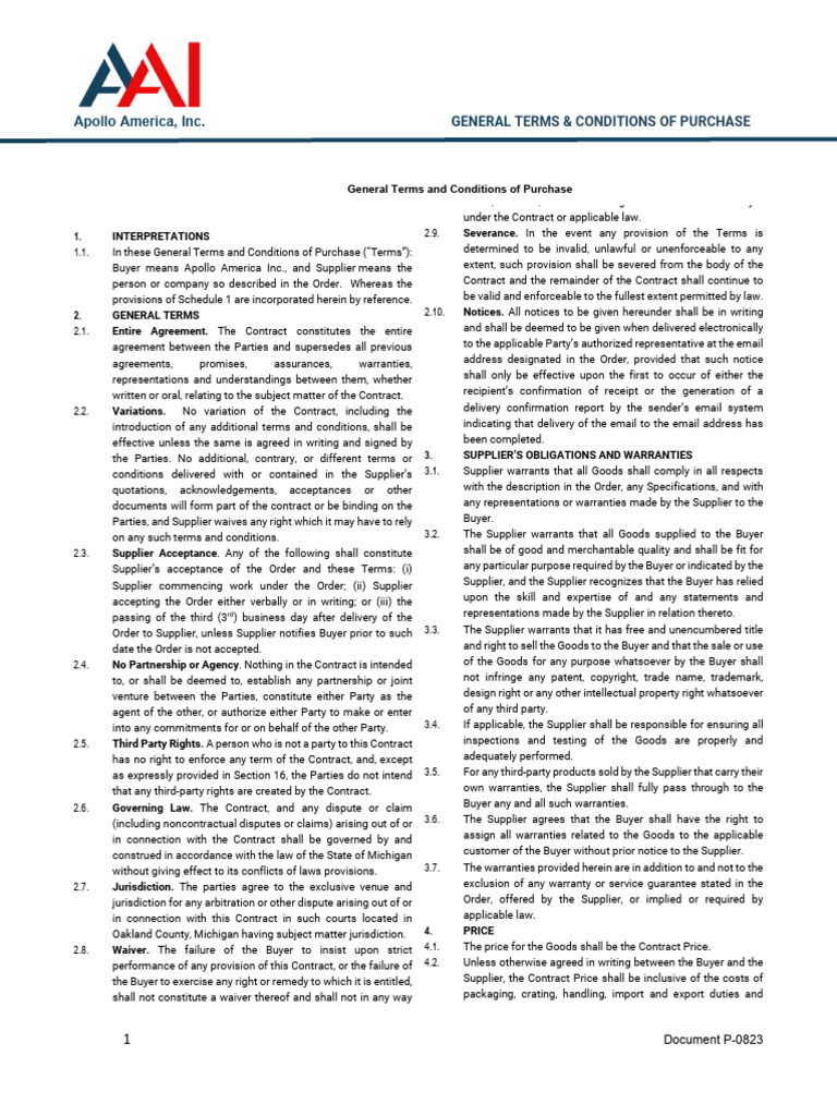 Apollo America Purchase Terms & Conditions | PDF | Breach Of Contract ...