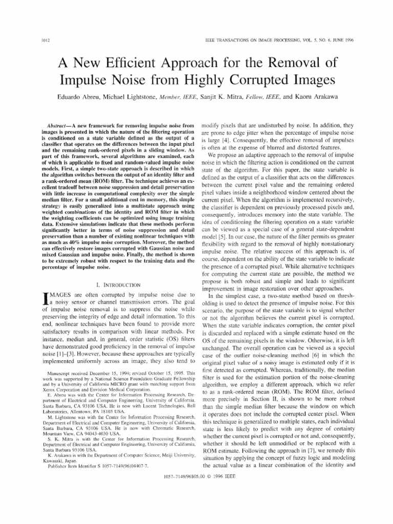 Adaptive Impulse Noise Removal Techniques | PDF | Applied Mathematics