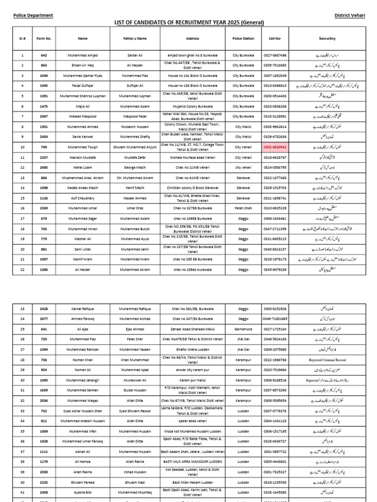 Recruitment Candidates List 2025 Vehari | PDF