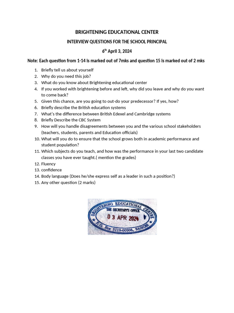 Principal Interview Questions Guide | PDF