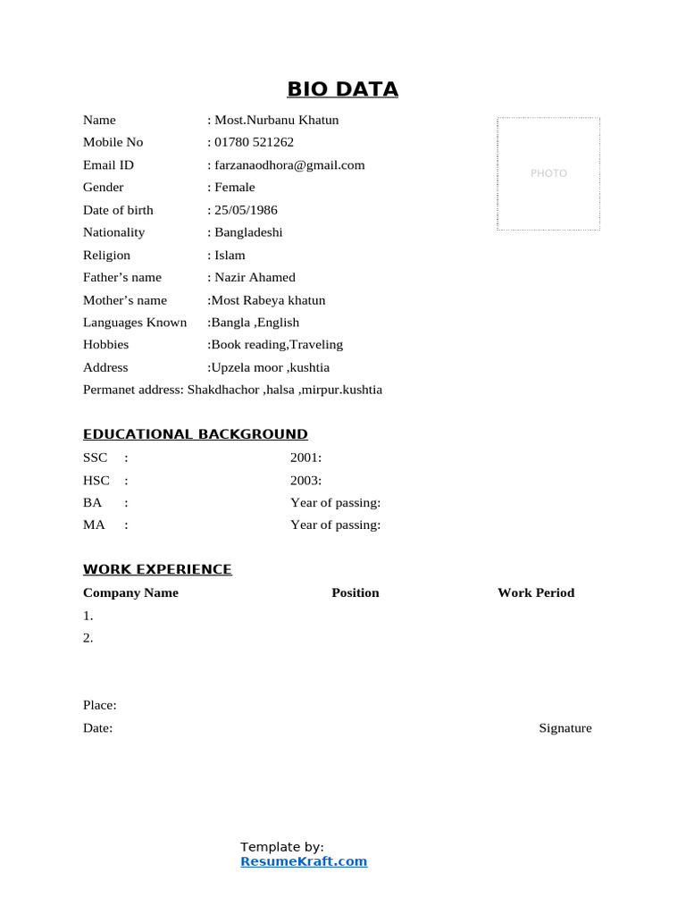 Bio Data of Most Nurbanu Khatun | PDF