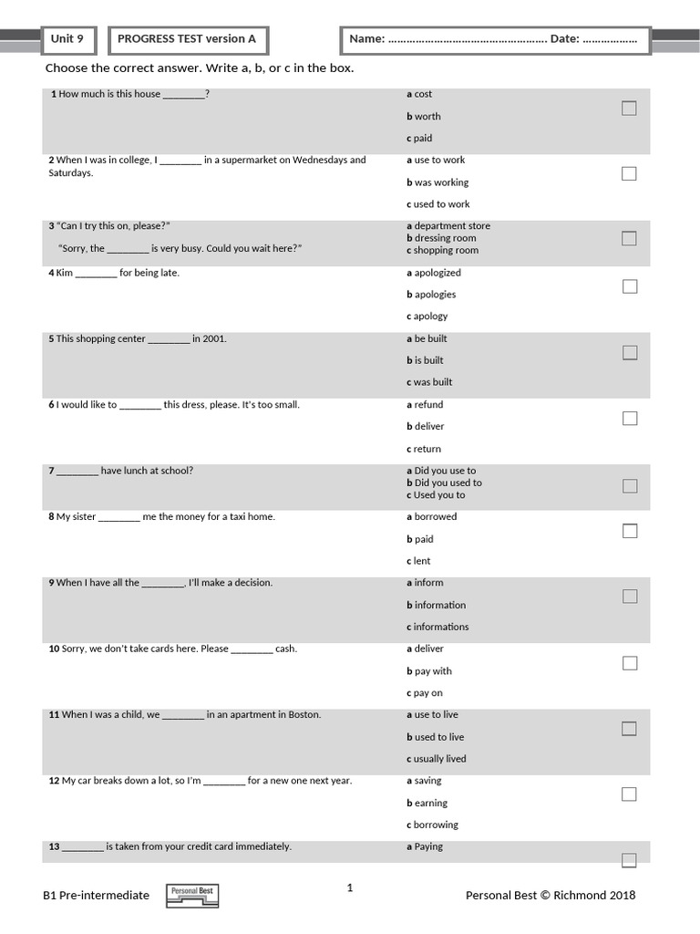 Unit 9 Progress Test Answers | PDF