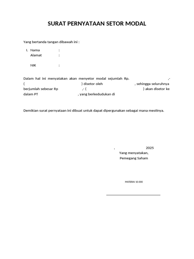 Surat Pernyataan Setor Modal PT | PDF