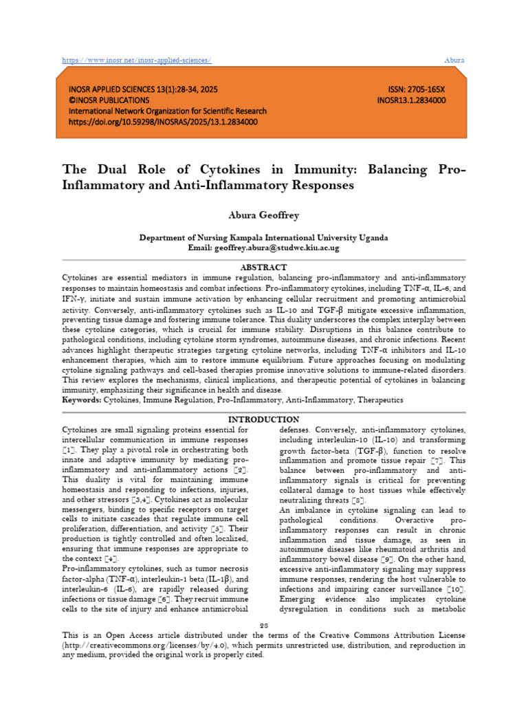 The Dual Role of Cytokines in Immunity: Balancing Pro Inflammatory and ...