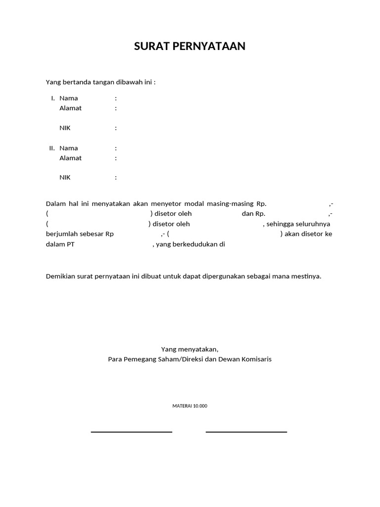 Surat Pernyataan Setoran Modal PT | PDF