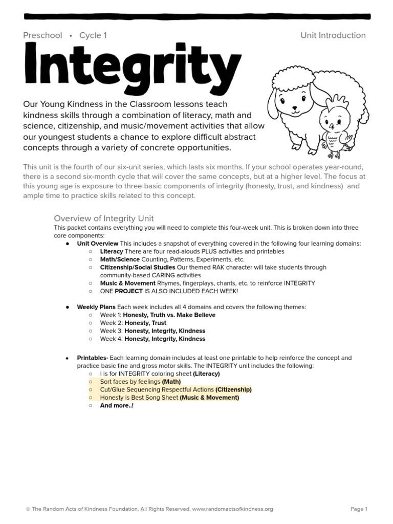 Preschool Integrity Unit Activities | PDF | Truth