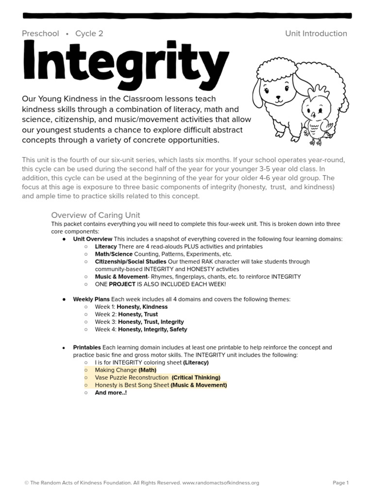 Pre K Integrity Cycle 2 | PDF
