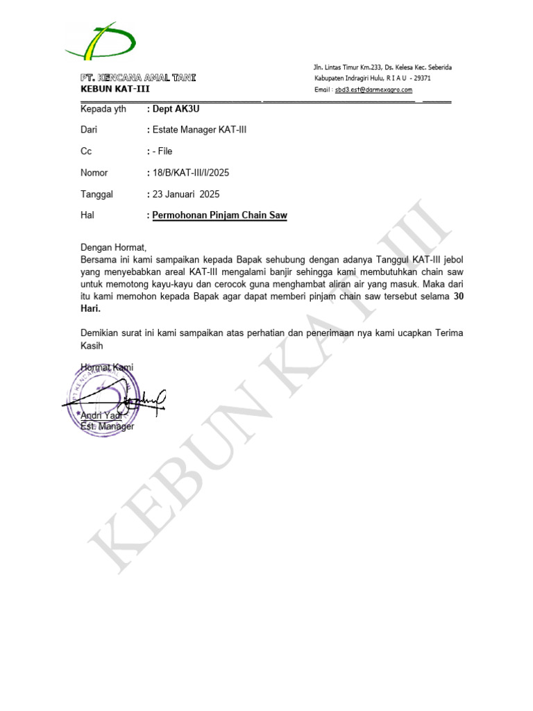 Permohonan Pinjam Chain Saw KAT-III | PDF