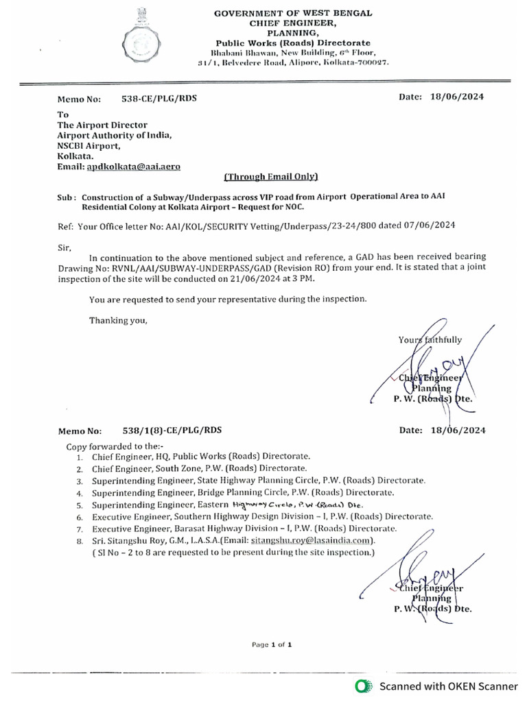 538-CE-PLG-RDS DT 18.06.2024, JT Inspection For AAI Subway-Underpass | PDF