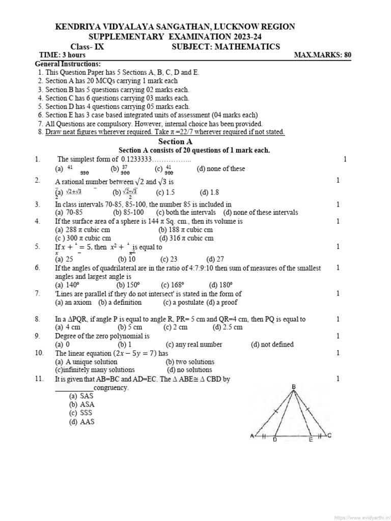 Class 9 Maths Supplementary Paper 2023 | PDF | Triangle | Angle