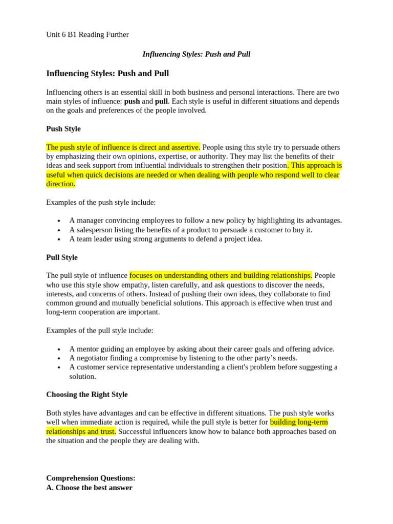 Push vs. Pull: Influencing Styles Explained | PDF | Mentorship | Persuasion