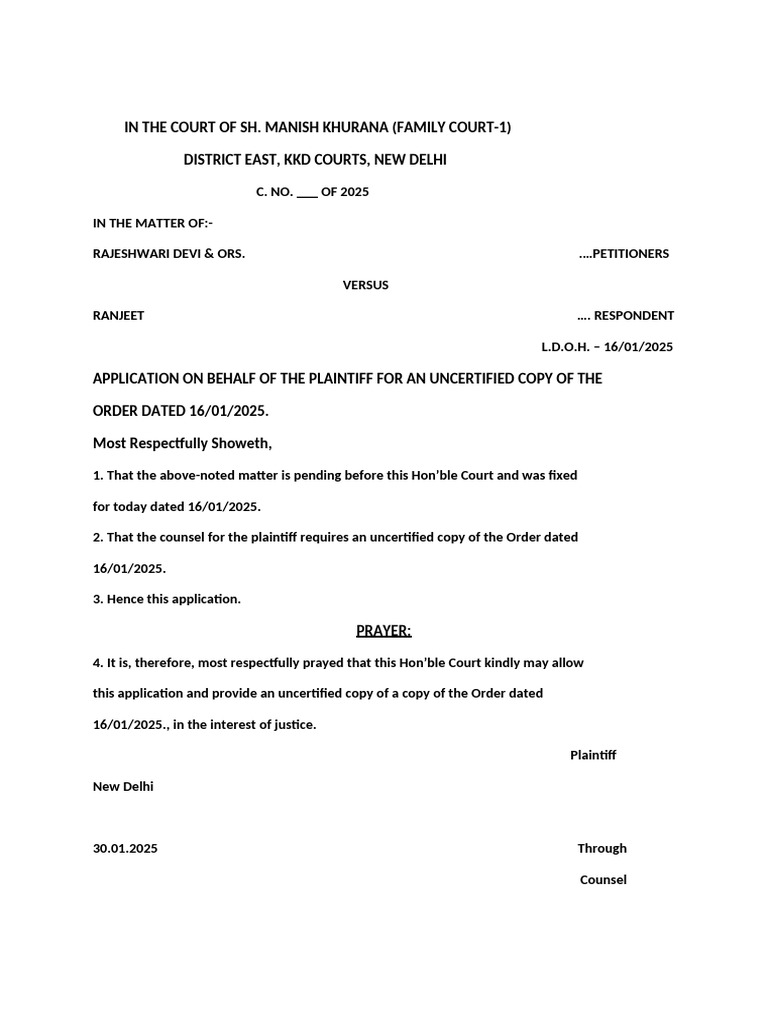 Application for Uncertified Court Order | PDF