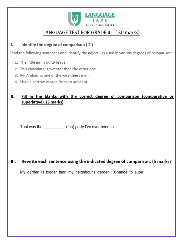 Grade 4 Language Comparison Test | PDF
