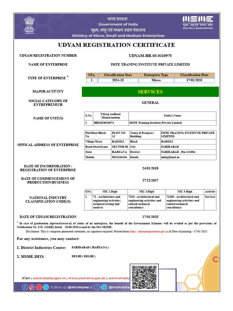 Udyam Registration Certificate Imte | PDF