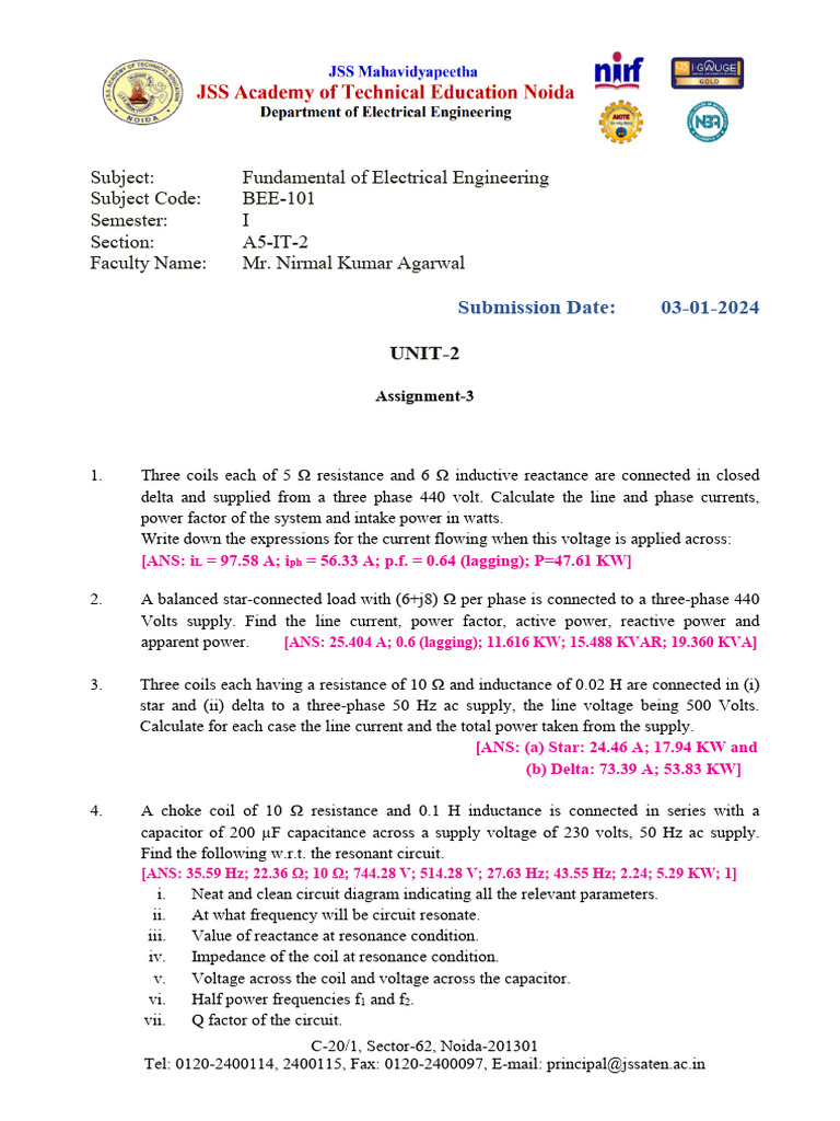 Electrical Engineering Assignment BEE-101 | PDF | Inductor | Inductance