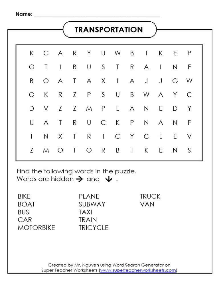 Transportation Word Search Puzzle | PDF | Word Search | Wheeled Vehicles