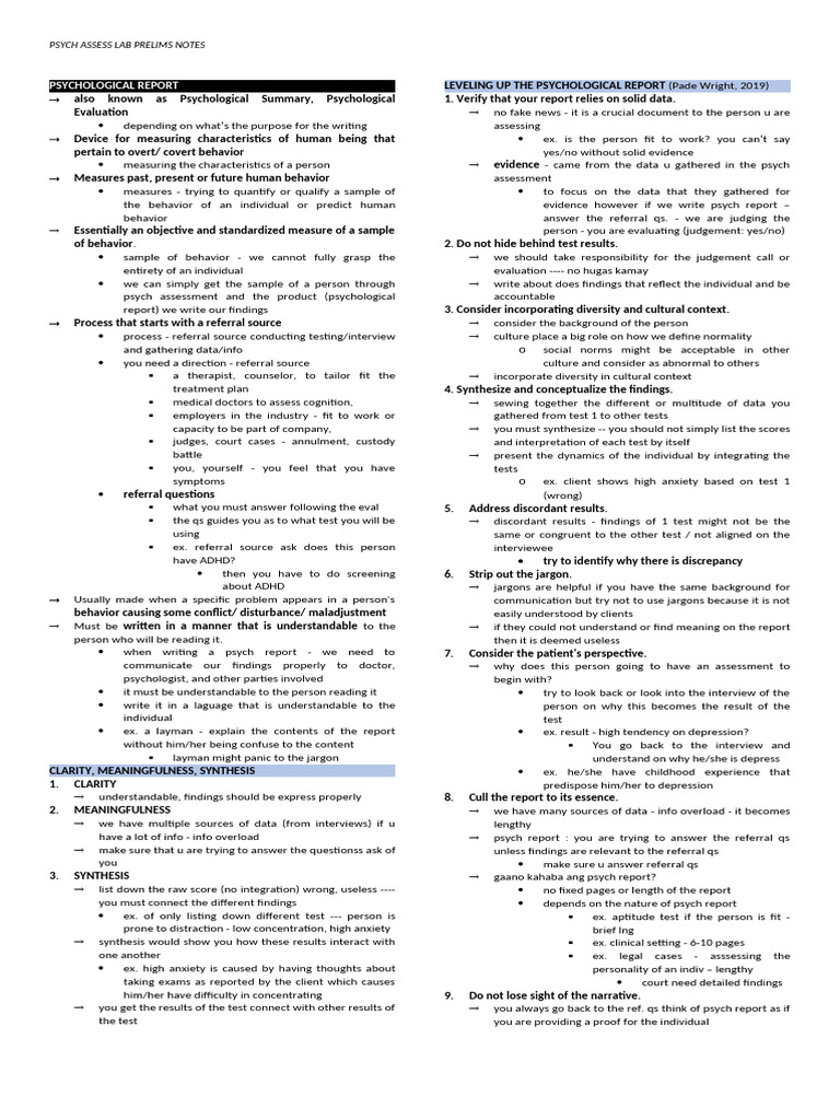 Psych Assess Lab Prelims Notes | PDF | Validity (Statistics) | Psychology