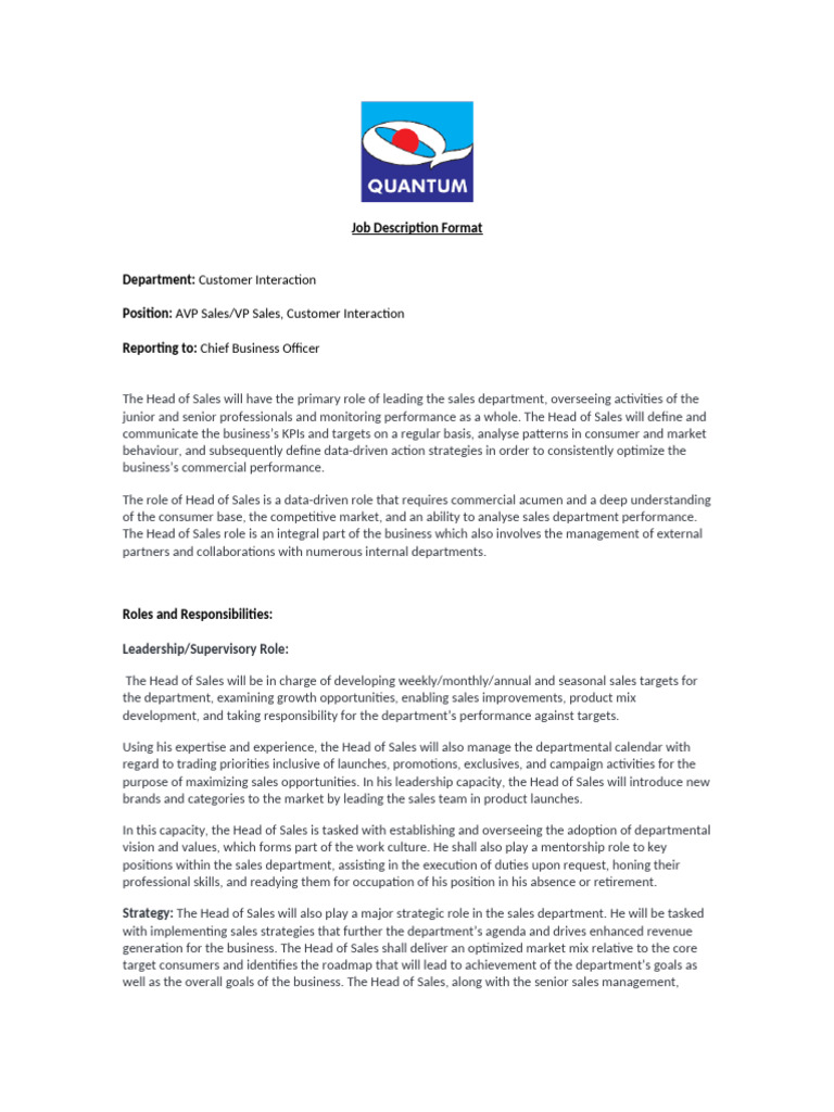 Head of Sales Job Description | PDF | Analytics | Sales