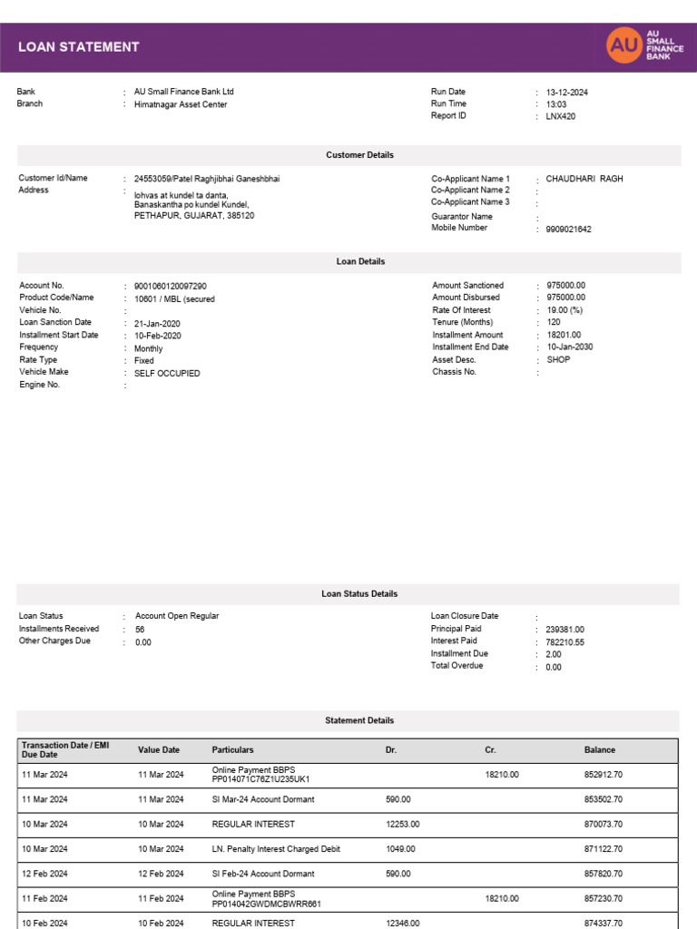 AU Small Finance Bank Loan Statement | PDF | Debits And Credits ...