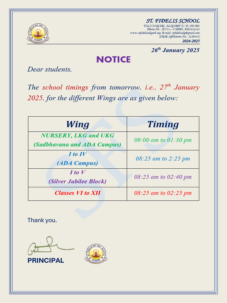Timing Notice - From 27th January 2025 | PDF