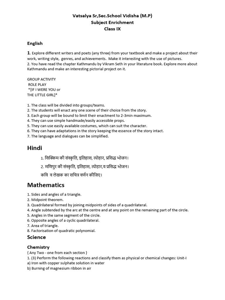 Class IX Subject Enrichment Activities | PDF | Circle