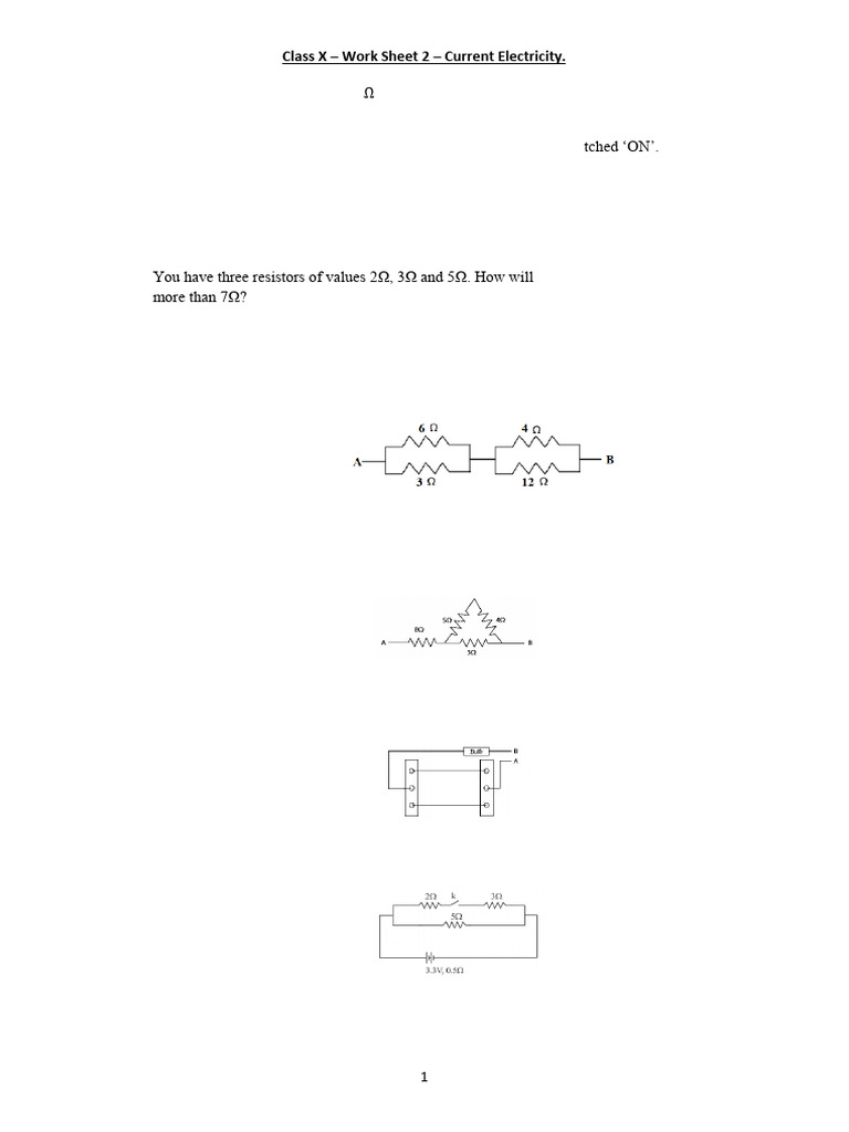 Work Sheet No. 2 (X) | PDF | Electric Current | Series And Parallel ...