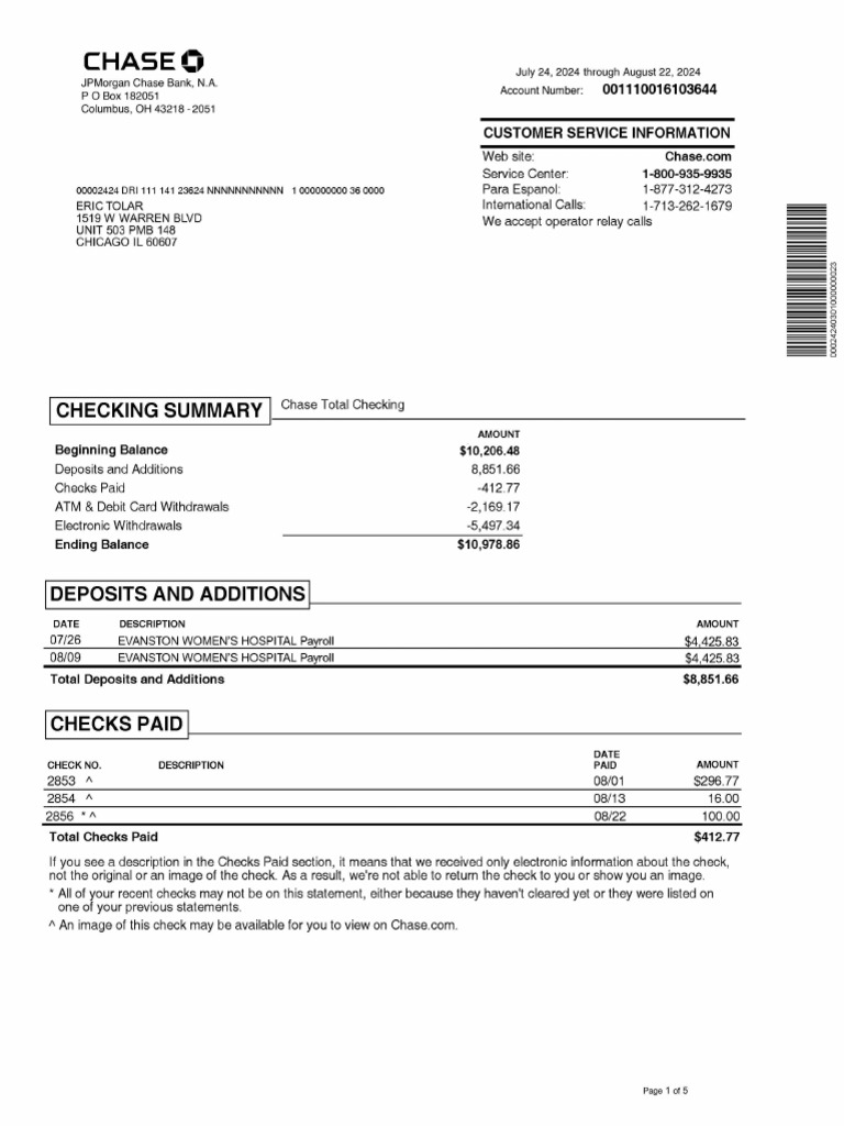 Chase Total Checking Summary Report | PDF | Payments | Debit Card