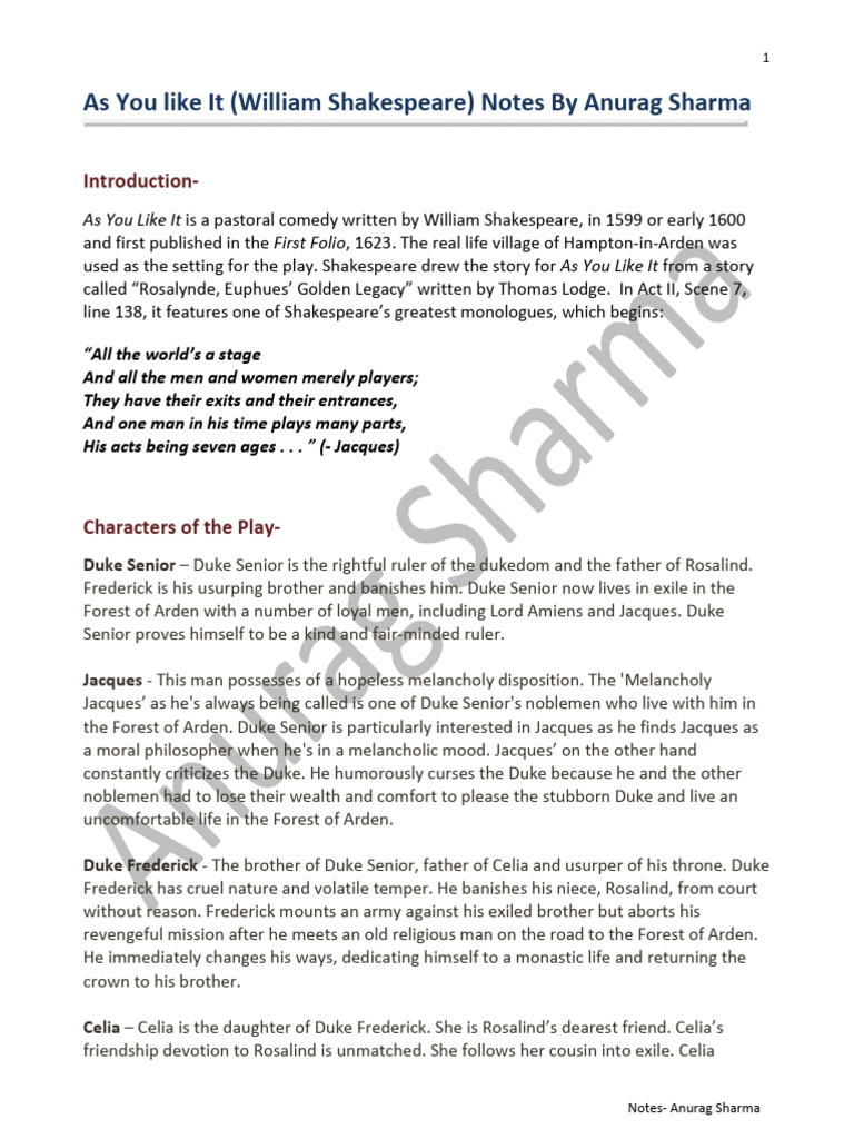 As You Like It by Anurag Sharma | PDF | As You Like It | Shakespearean ...