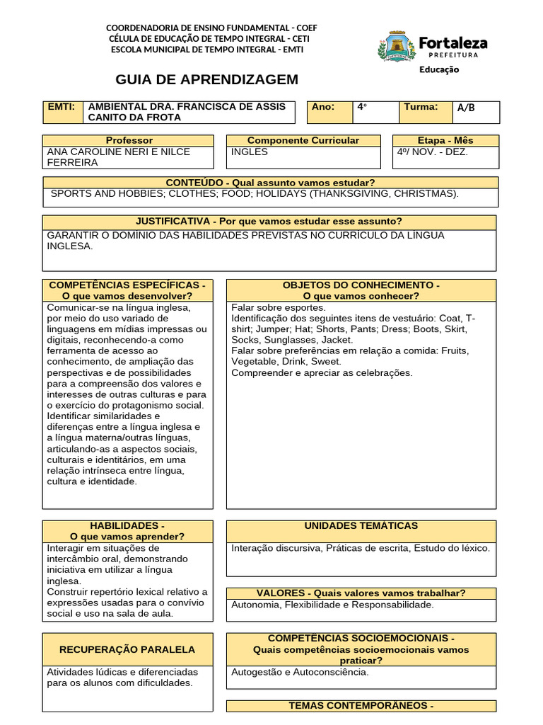 Guia de Aprendizagem: Inglês 4º Ano EMTI | PDF | Aprendizado