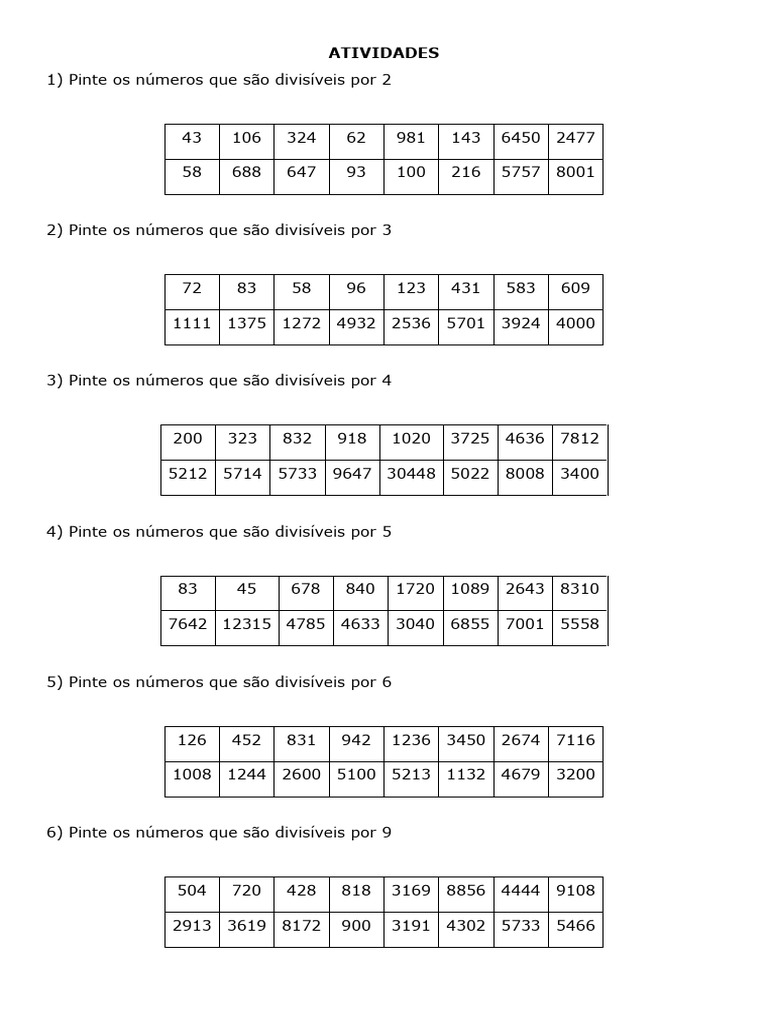 Números Divisíveis por 2, 3, 4, 5, 6, 9, 10 | PDF