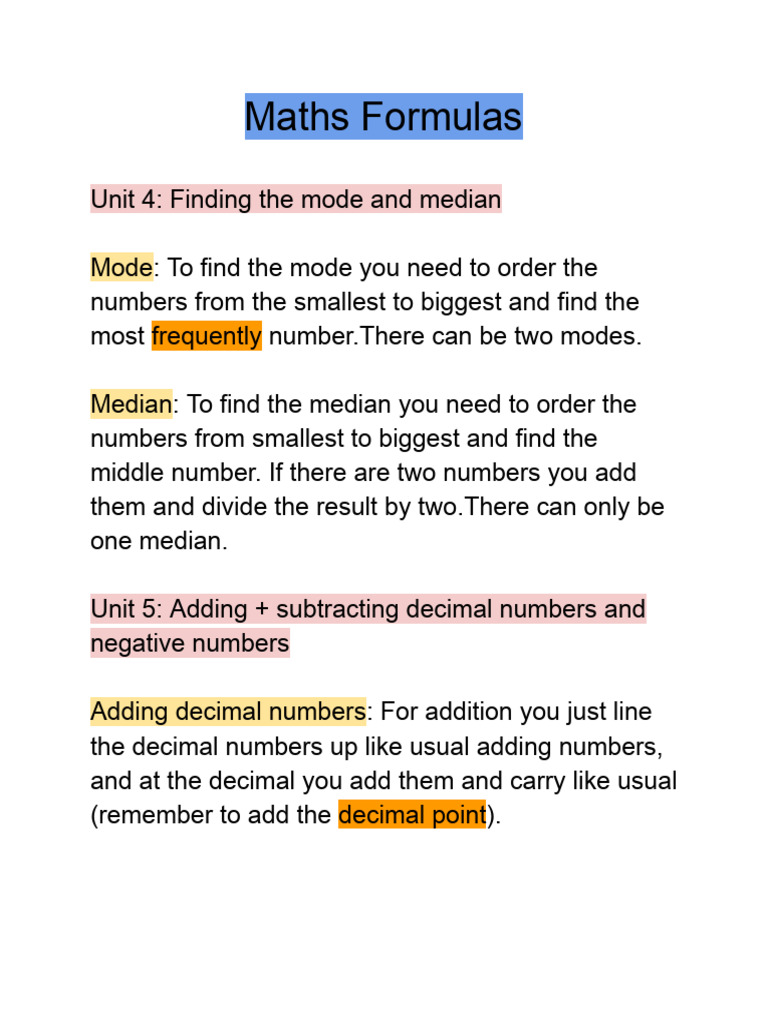 Maths Formulas: Mode, Median, Decimals | PDF | Numbers | Arithmetic
