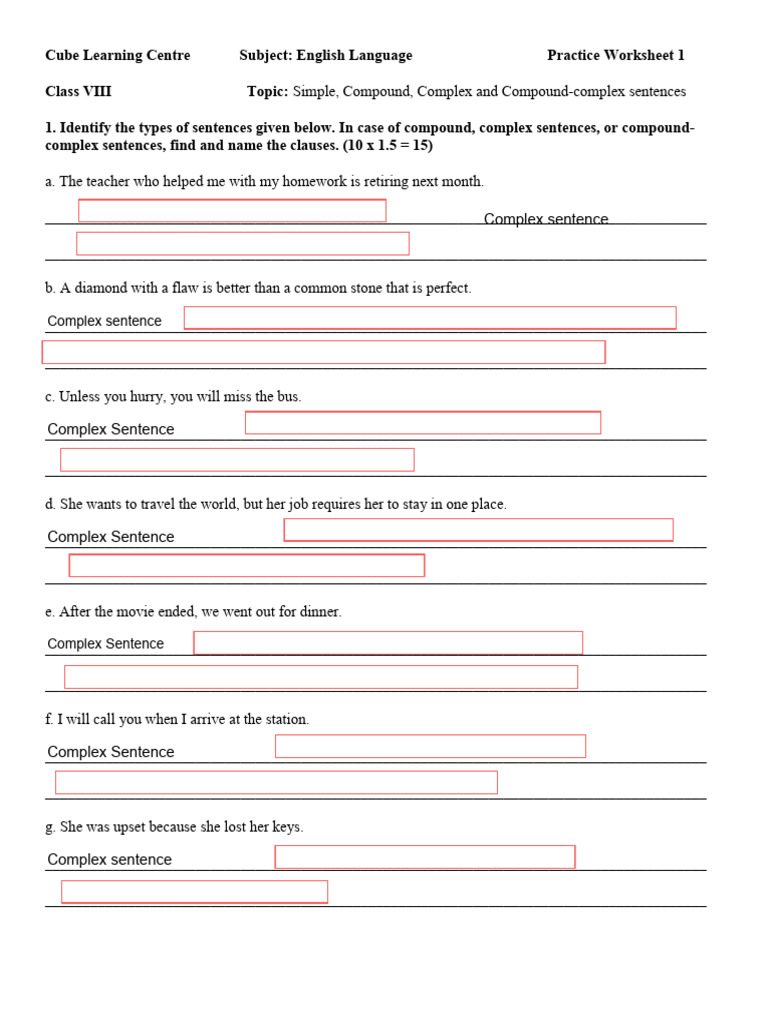 Sentence Structure Worksheet for Grade 8 | PDF | Sentence (Linguistics ...