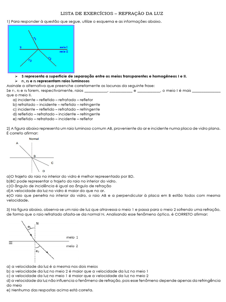Exercícios sobre Refração da Luz | PDF | Refração | Fibra ótica