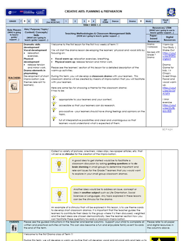 Grade 7 Drama Lesson Plan: Term 1 | PDF | Learning | Classroom