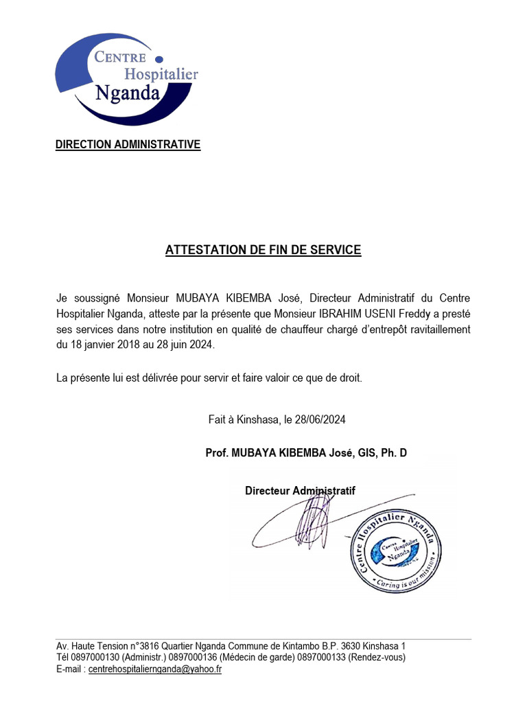 Attestation de Fin de Service - Nganda | PDF
