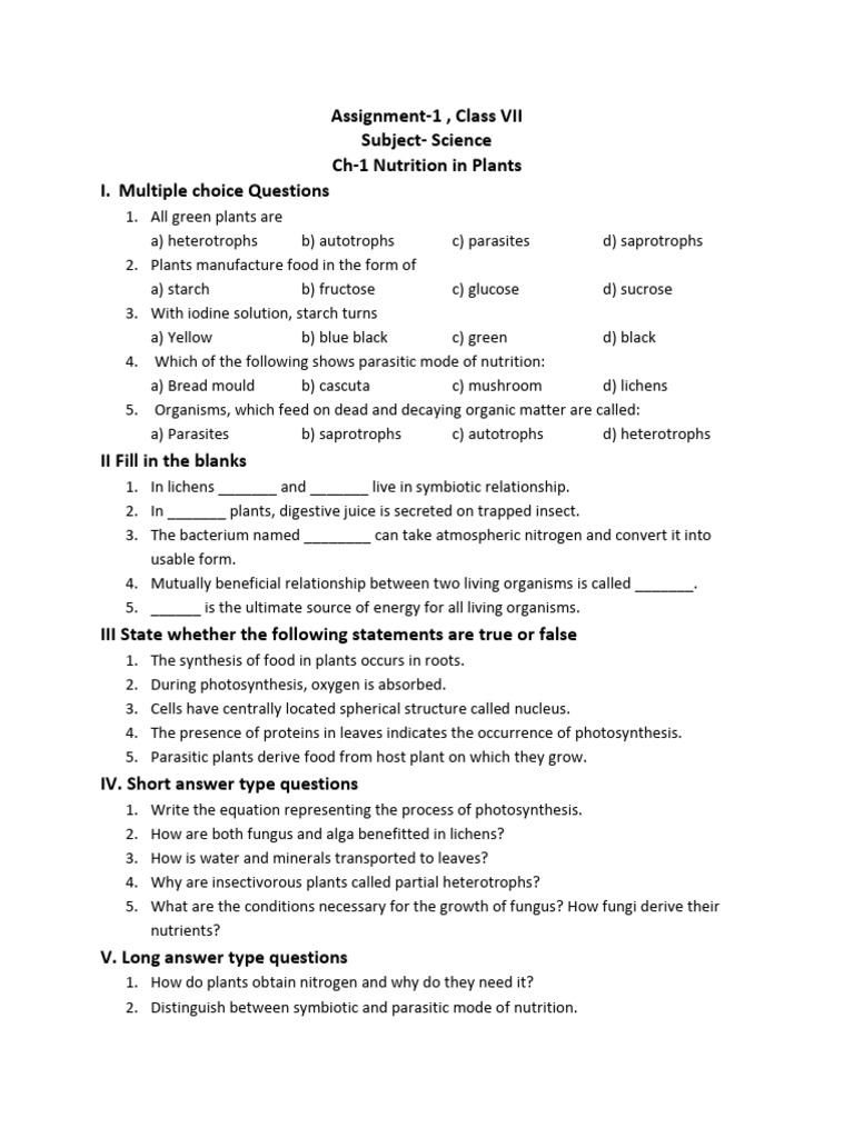 Class 7 Nutrition in Plants Assignment | PDF | Nutrition | Diet & Nutrition