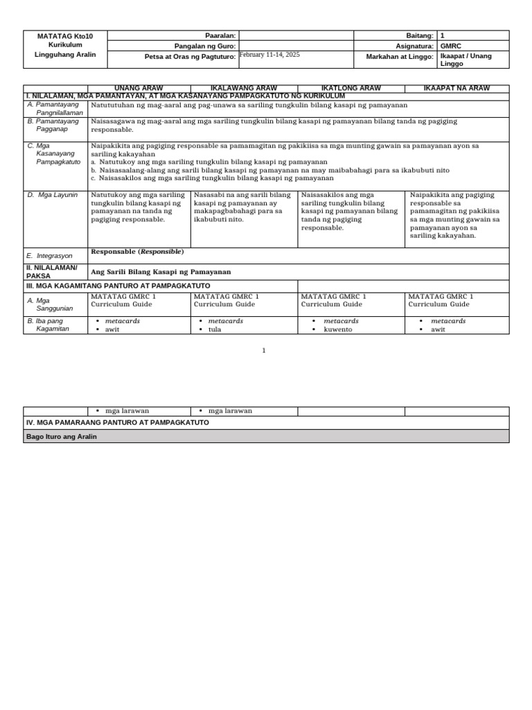 GMRC 1 - DLL - Q4 - Week 1 | PDF