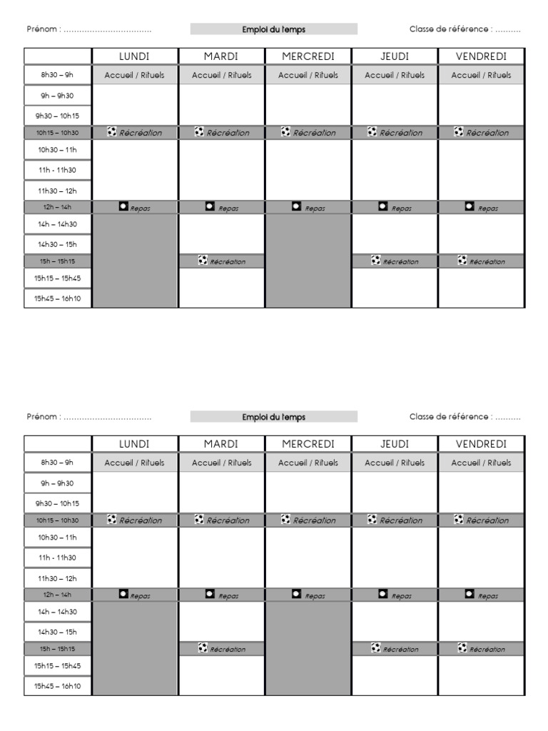 Emploi du temps scolaire vierge à remplir | PDF