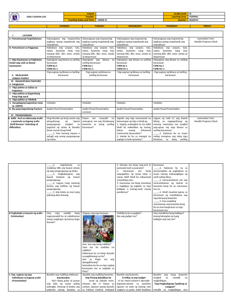 Q4 - Filipino - DLL - Week 4 | PDF